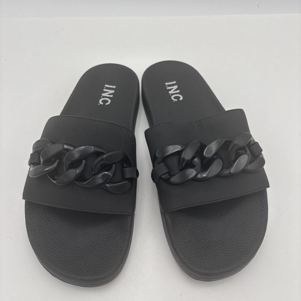 INC INTERNATIONAL CONCEPTS Women's Black Peymen 70 Chain-Detail Slide Sandal 8
